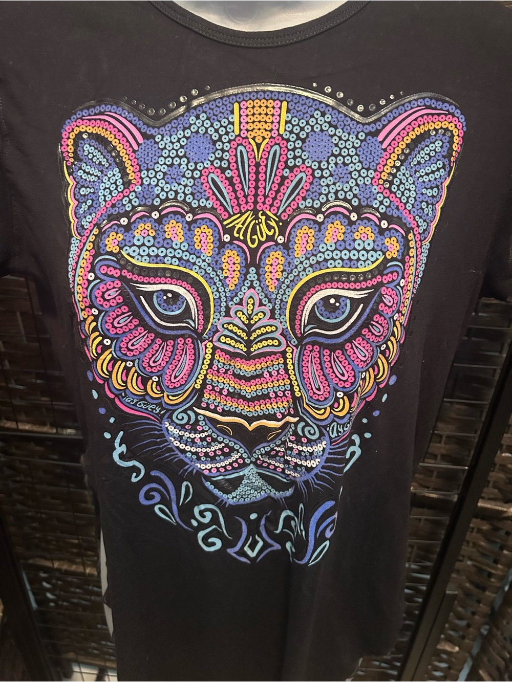 jay guey! Made in mexico Black High low Tunic with Colorful Sequin Jaguar Face